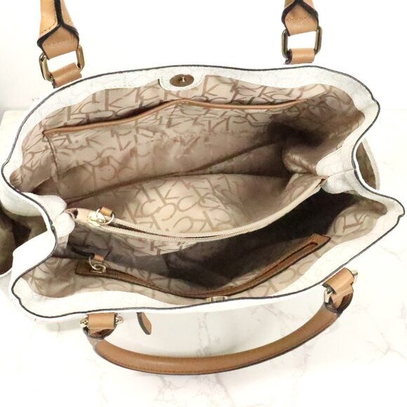 Calvin Klein Hudson White Signature Monogram Logo Pebbled Satchel Handbag Purse - Picture 8 of 9